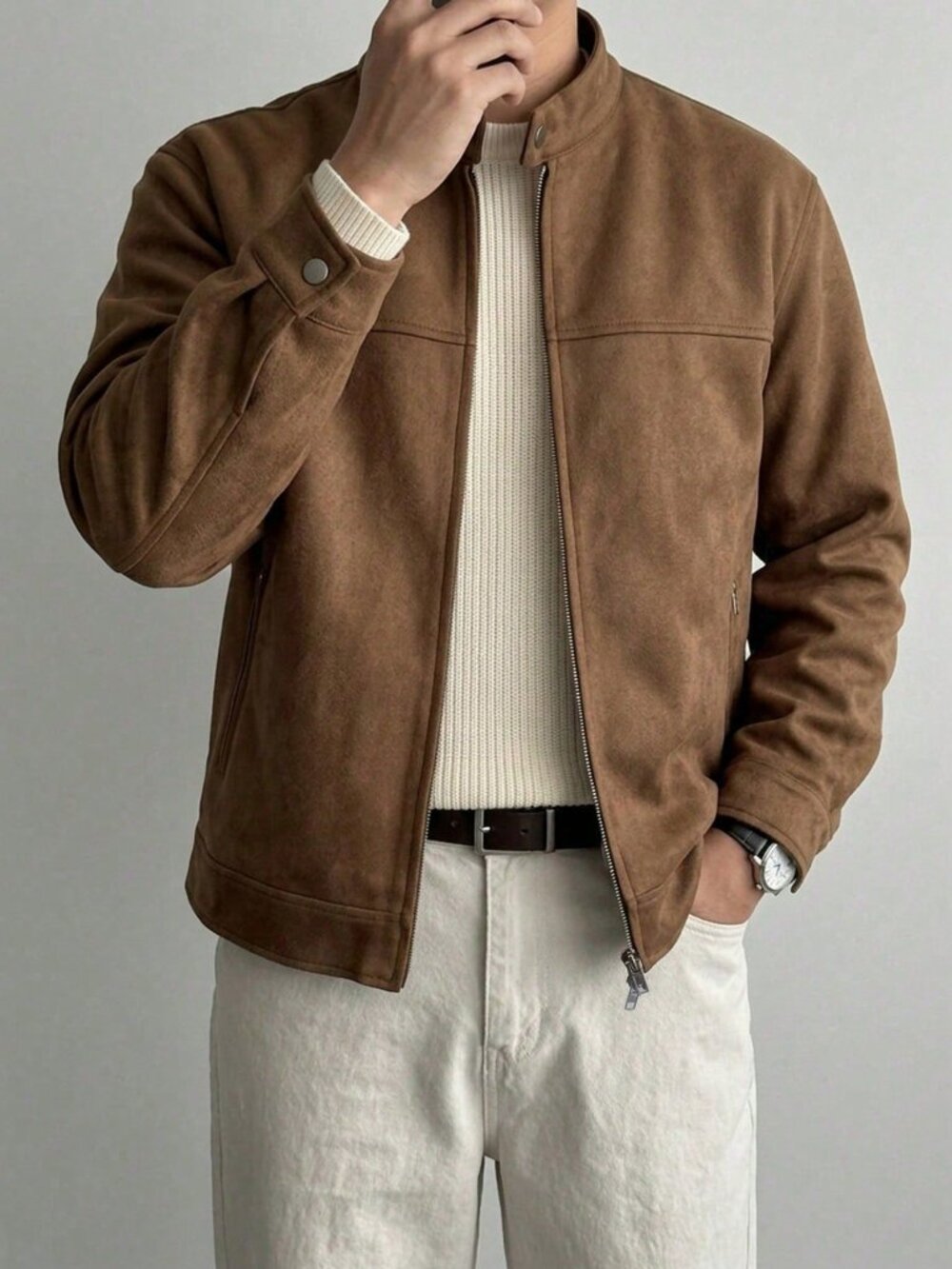 Brown Casual Men's Faux Suede Jacket